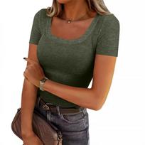 Women Tops Basic Tees Trendy Short Sleeve Shirts Casual Fitted Ribbed Tops L armijos žalia spalva
