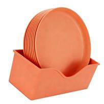 8Pcs Plastic Plates Set Shallow Round Dinner Dishes with Base Dining Table Food Storage Orange