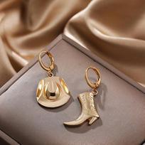 Punk Cool Western Cowboy Hat Boot Earring Unisex Asymmetric Charms Gold Plated Hoop Earrings for Cowgirl Gift Rock Jewelry brown