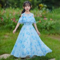 Little Girls Floral Chiffon Short Sleeve Long Summer Kids Dress 110cm mėlyna