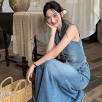 Retro Hong Kong Style Women's Denim Vest & Long Skirt Set - Summer 2026 Collection S
