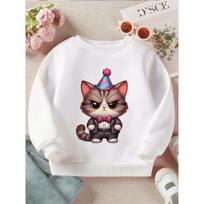 Kids Crewneck Sweatshirt, Chibi Cat Party Paws Cute Graphic Print, Soft Casual Long Sleeve Pullover 110 balta