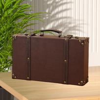 Carry on Overnight Case PU Leather Trunk Brown Decor Ornament Collectibles Decorative Travel Chest S 34cmx8cmx20.5cm