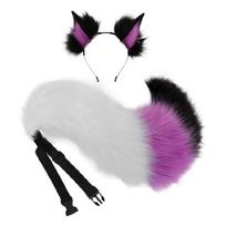 Foxes Ears and Tail Set Faux Furs Foxes Wolf Ears Headband with Tail Halloween Christmas Cosplay Party Costume Accessory violetinė