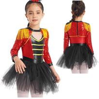 Girls Magician Performance Costume Sequin Tassel Epaulet Tutu Skirt Built in Briefs Stage Show Leotard 5-6 Years raudona