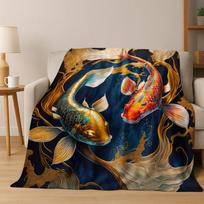 Luxurious Lucky Koi Fish Yin Yang Carp Cartoon Flannel Blanket,Cozy Soft Throw Blanket for Home Bedroom Bed Sofa Cover Gift Kid 75x90cm