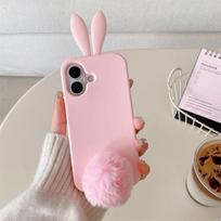 Cute Solid Colors 3D Cartoon Rabbit Plush Hairball Phone Case For iPhone 17 16 15 14 13 Pro Max Soft Silicone Shockproof Cover iPhone 15 rožinė