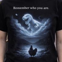Remember Who You Are T-Rex Chicken T-Shirt - Funny Dinosaur Evolution Parody, Epic Prehistoric Graphic M