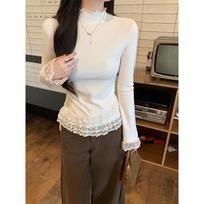 Fungus edge splicing lace semi-turtleneck bottoming shirt women's autumn and winter thin niche design temperament long-sleeved clothes M abrikosas