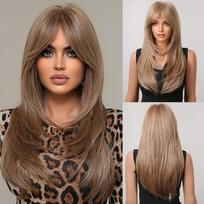 EASIHAIR Ilgi tiesūs blondinai sintetiniai perukai Banguotų sluoksniuotų natūralių plaukų perukas su kirpčiukais moterims, karščiui atsparūs Cosplay perukai