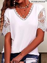 Women's Fashion Lace Patchwork Loose V-Neck Short Sleeve T-Shirt One Size balta