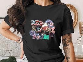 Red Wine Bomb Mom T-Shirt | 4th of July Patriotic Wine Lover Tee | American Flag Leopard Print Firecracker Shirt | Festive Summer Top S