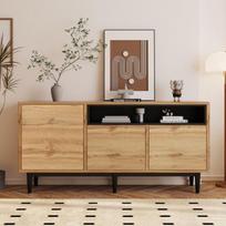 Buffet moderne en bois, meuble de rangement à 3 portes avec étagères ouvertes, 160 x 35 x 76 cm, pieds hauts, couleur bois naturel.
