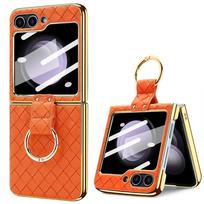 Shockproof Phone Case for Samsung Galaxy Z Flip with Woven Pattern PU Leather Glass Front Film And Finger Ring Bracket Galaxy Z Flip7 oranžinė