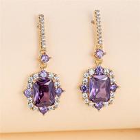 Luxury Female Purple Red Square Zircon Stone Drop Dangle Earrings Unique Gold Color Evening Jewelry For Women violetinė