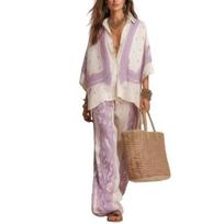 Women's Boho Cotton Linen 2 Piece Sets, 3/4 Sleeve Printed Shirts And Wide Leg Pants Matching Sets, Loose Vacation Lounge Outfits S