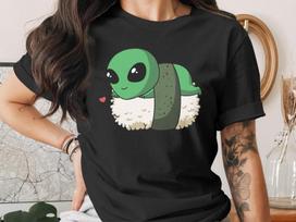 Cute Sushi UFO Alien T-Shirt, Japanese Anime Gift, Kawaii Anime Sushi Shirt, Cute Japan Manga Art 3XL