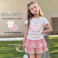 Hello Kitty Girls' Summer French Sweet Puff Sleeve T-Shirt & Skirt Set 2026 110