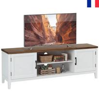 NOUVEAU Meuble TV 140 cm, meuble télé pour téléviseur jusqu'à 65 pouces avec 2 portes, 2 compartiments ouverts, blanc et marron