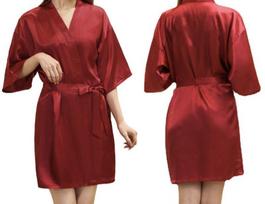 Women's Satin Kimono Nightgown - Glossy, Solid, Short Summer Bathrobe Extra Extra Large vyno raudonos spalvos