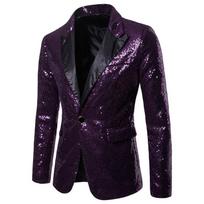 Juoda blizgučiai, vieno mygtuko skara, apykaklė, kostiumas, švarkas, vyriškas „Bling Glitter“ naktinis klubas Prom DJ švarkas Vyriški sceniniai drabužiai dainininkams S violetinė