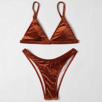 Moterų banguoto veliūro trikampio bikini komplektas Reguliuojamos petnešėlės Aukšto kirpimo drąsus vientisos spalvos Seksualus retro vasaros paplūdimio baseino maudymosi kostiumas S brown