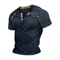 Yousheng Men Summer T-shirt Pleated Shoulder Button Round Neck Slim Fit Retro Pullover Stretchy Mid Length Daily Wear Casual Top M tamsiai mėlyna spalva