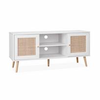 Meuble TV en cannage 120x39x56.5cm - Bohème - Blanc. 2 niveaux. 2 étagères. 2 portes. pieds scandinaves