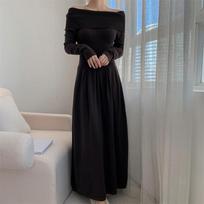 Korean Off Shoulder Knitted One Piece Dress Women Autumn New Patchwork Long Sleeved Dresses Fashion Solid Party Long Dress Winter XL chaki