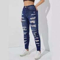 Blue Ripped Raw Edge High Elastic Skinny Jeans EU/US S/4 tamsiai mėlyna spalva