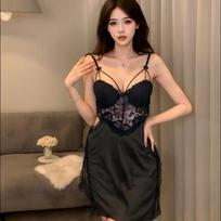 Sex underwear with chest pad sexy pajamas women's summer suspender pajamas lace hollow pajamas set qqny M [80-50kg]