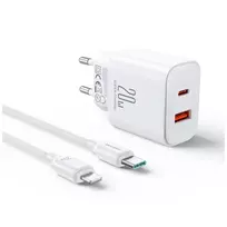 Joyroom JR-TCF05 20W USB-C | USB-A Fast Dual Port Wall Charger - White + USB-C to Lightning 1m Cable