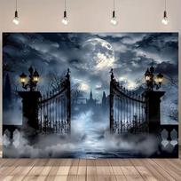 2D Halloween Haunted House Gate Backdrop, Spooky Moon Night Cemetery Photography Background Banner 47.2x31.5inch/120*80cm