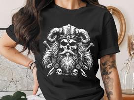 Viking Skull T-Shirt, Norse Mythology Tee, Horned Helmet Warrior Valhalla Skull Graphic, Pagan Goth Apparel Gift XL