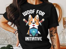 Funny Corgi RPG Gamer Tee, Woof For Initiative T-Shirt, D20 Tabletop Gaming Shirt, Dungeons Roleplaying Game Tee, Cute Dog RPG Shirt XL