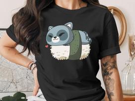 Cute Sushi Racoon T-Shirt, Japanese Anime Gift, Kawaii Anime Sushi Shirt, Cute Japan Manga Art XL