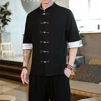 Siuvinėjimas Tradiciniai Kinų Drabužiai Vyrams Vintažiniai Marškiniai su Pusėmis Rankovėmis Lininiai Vienspalviai Mandarino Apykaklės Hanfu Kungfu M juoda