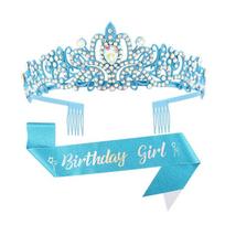 2 Pieces Crystal Rhinestones Tiaras Headband with Sash Fashionable Headpiece for Birthday Parties and Festival Event