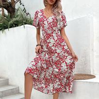 Summer new holiday sweet pastoral v-neck floral print dress S bordinė