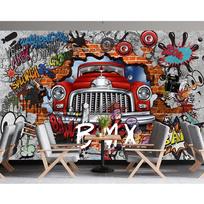Grafiti freska Retro Nostalgiška 3D plytų sienos freska Automobilio grafiti plakatas Didelė freska Kūrybingos kavinės restorano tapetai 200 cm(W) x 140 cm(H)