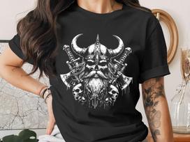Viking Skull T-Shirt, Norse Warrior Graphic Tee, Heavy Metal Skull Shirt, Horned Helmet Axe Design, Dark Fantasy Pagan Goth Gift M