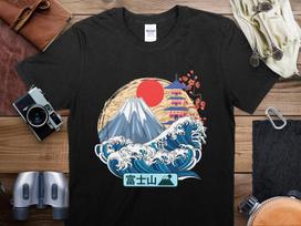 Japanese Wave and Mount Fuji T-Shirt, Vintage Japan Art Tee, Unisex Cotton Shirt, Aesthetic Clothing, Sunset and Sakura Blossom Top M