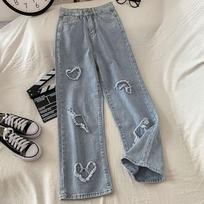 Women Jeans  Casual Baggy Trousers Wide Leg Denim Pants XS mėlyna