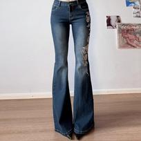 GlowGirl Women Retro Y2k Jeans Baggy Floral Embroidery Jeans Vintage 2000s Low Rise Flared Denim Pants High Street Basic Trousers S mėlyna