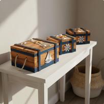 3 Pieces Coastal Style Storage Box Handcrafted Look Nautical Wooden Chest Set Antique Blue