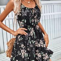 Seksuali vasarinė suknelė be nugarų su gėlėmis, be rankovių, laisvalaikio suvarstoma tamsiai mėlyna mini suknelė elegantiška Vestidos 25036 S juoda