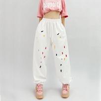 Women's White Splatter Jazz Hiphop Sports Sweatpants - Street Dance Loose Casual High-Waist Drapey Cuffed Ankle Joggers S