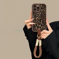 Winter Leopard Print Phone Chain Case For iPhone 16 15 14 13 11 12 Pro Max Plus Cute Short Nylon Lanyard Hanging Rope Cover For iphone 16
