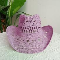 Melesh Western Women's Cowboy Hat Straw Hollow Cowboy Hat Shell Headdress Strong Plastic Wide Brim Sun Protection sombrero S56-58cm