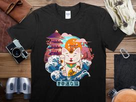 Japanese Maneki Neko Lucky Cat T-Shirt, Traditional Wave Design, Unisex Tee, Asian Culture Inspired Apparel, Gift for Cat Lovers 3XL